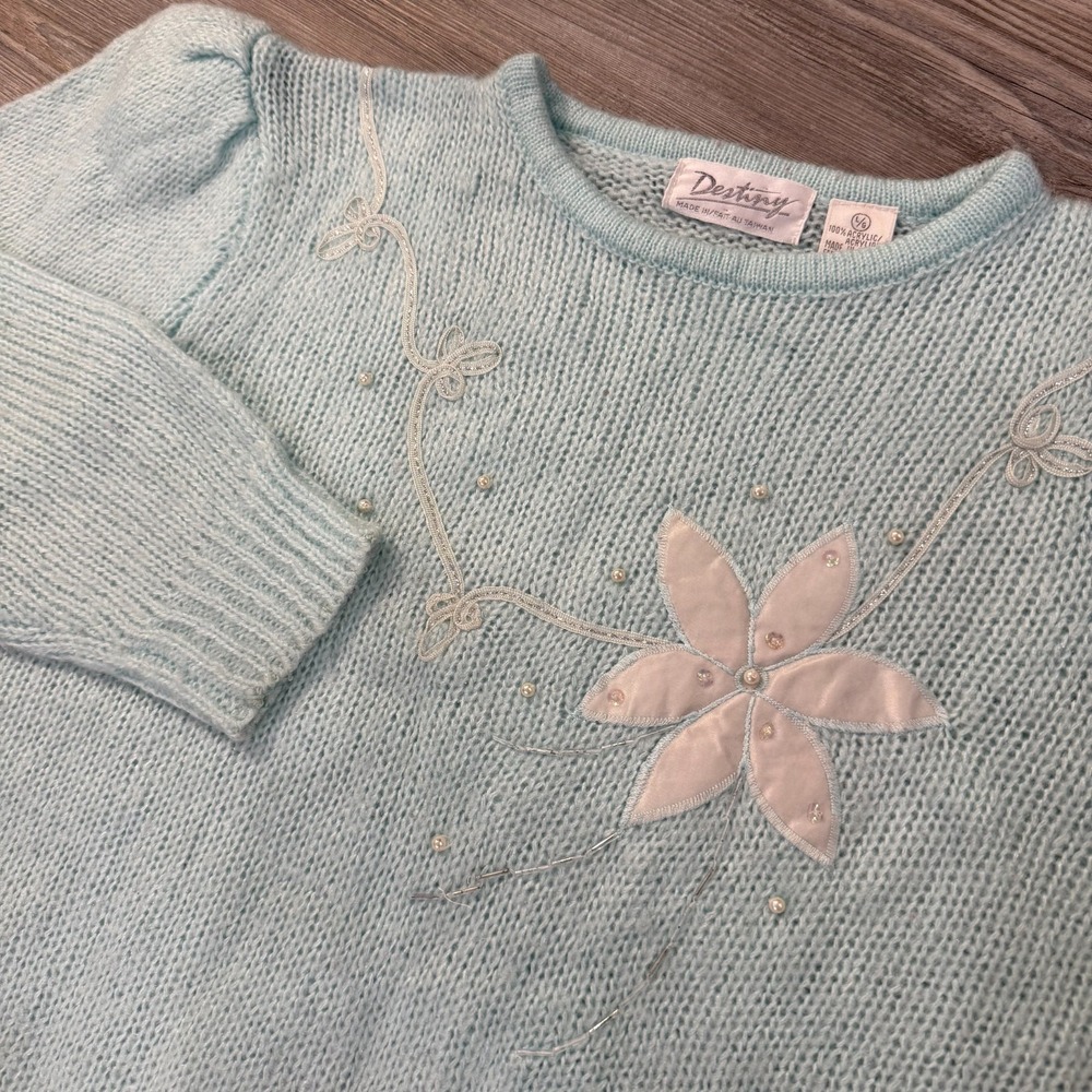 Destiny Womens Large‎ Vintage Puffy Shoulder Flower Sweater